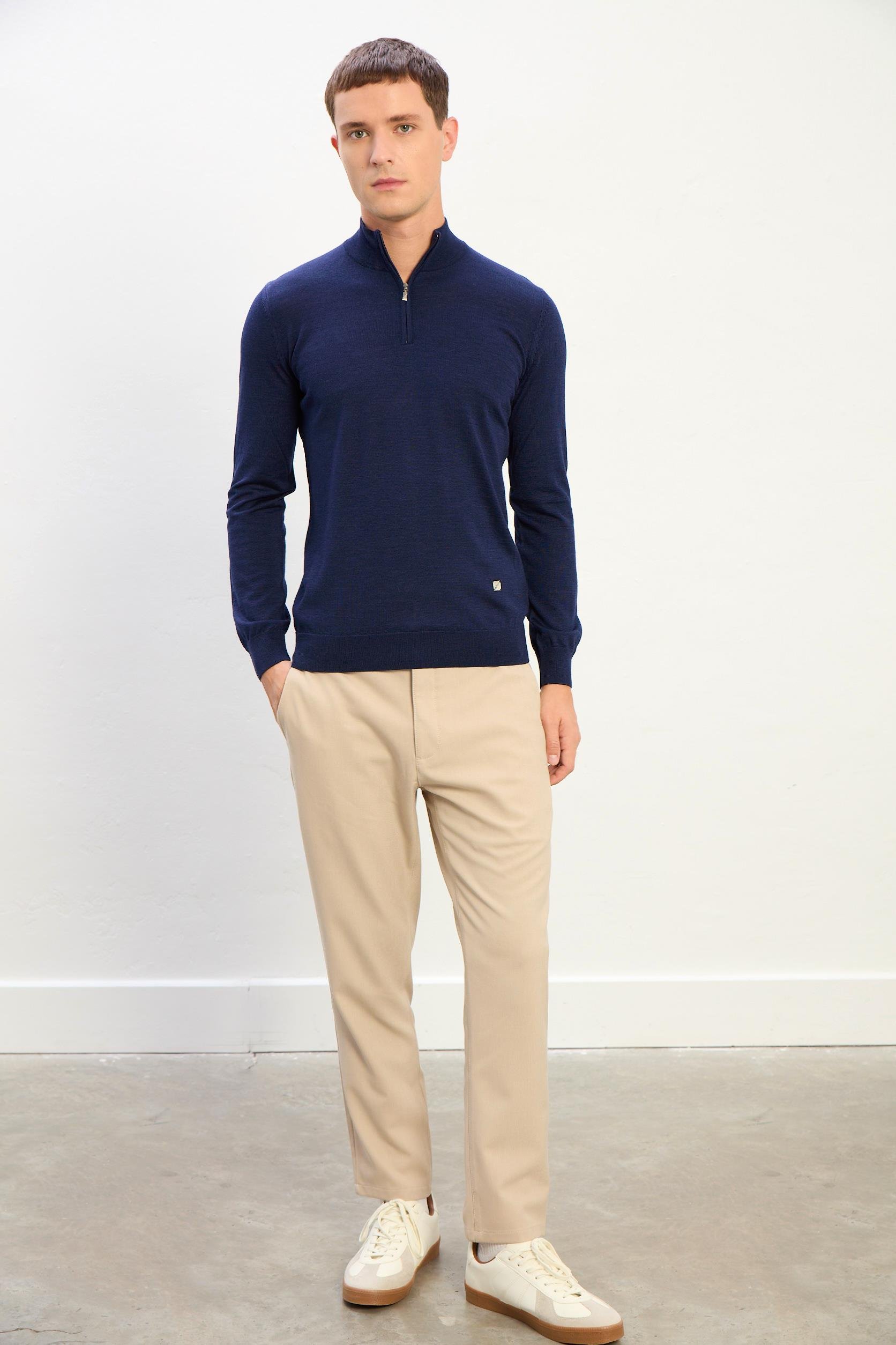 Jasper Erkek Fermuarlı Polo Yaka Triko Kazak-Lacivert