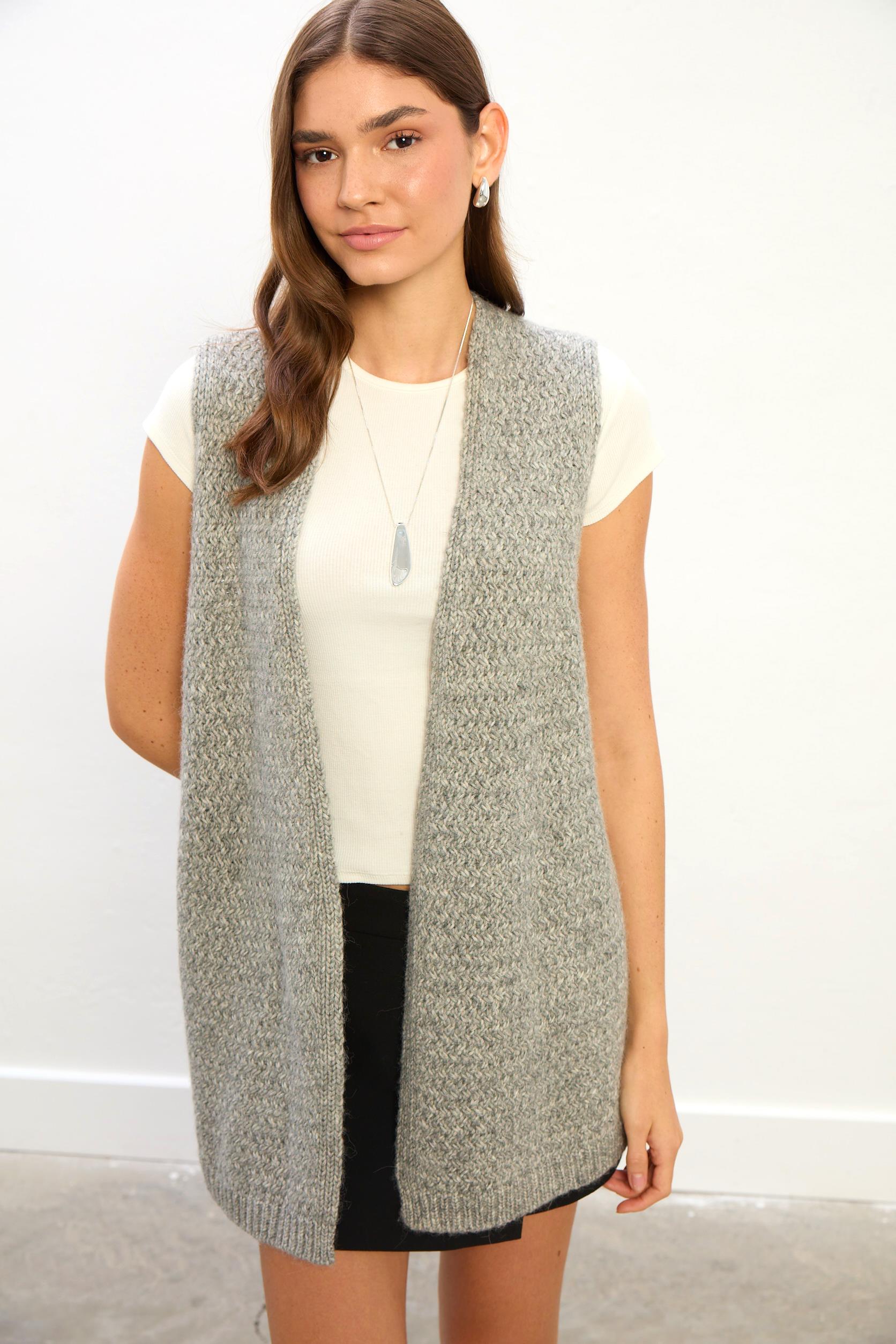 Leona Uzun Triko Yelek-Gri