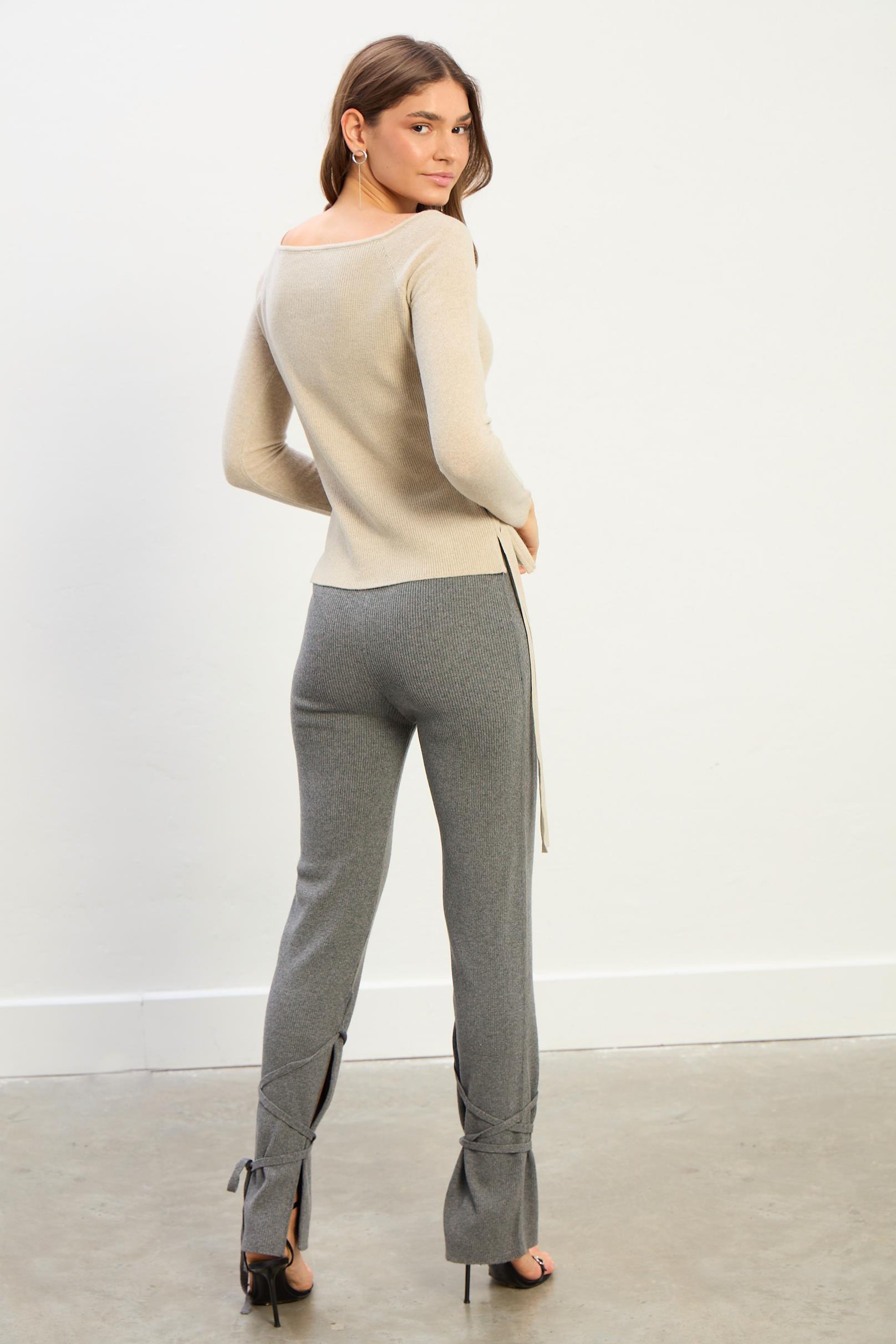 Lisa Bağcıklı Triko Pantalon-Gri