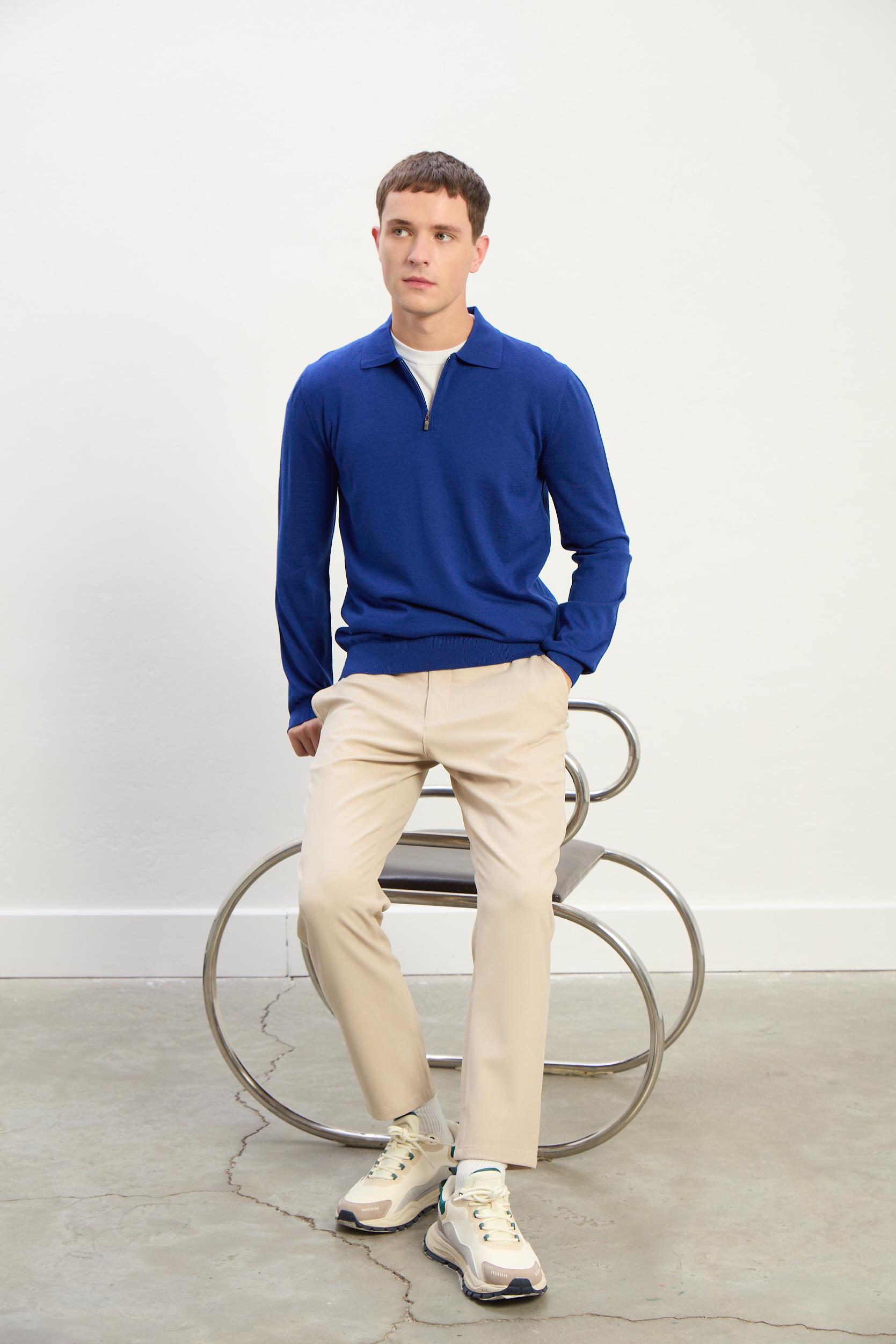 Logan Erkek Fermuarlı Polo Yaka Triko Kazak-Mavi