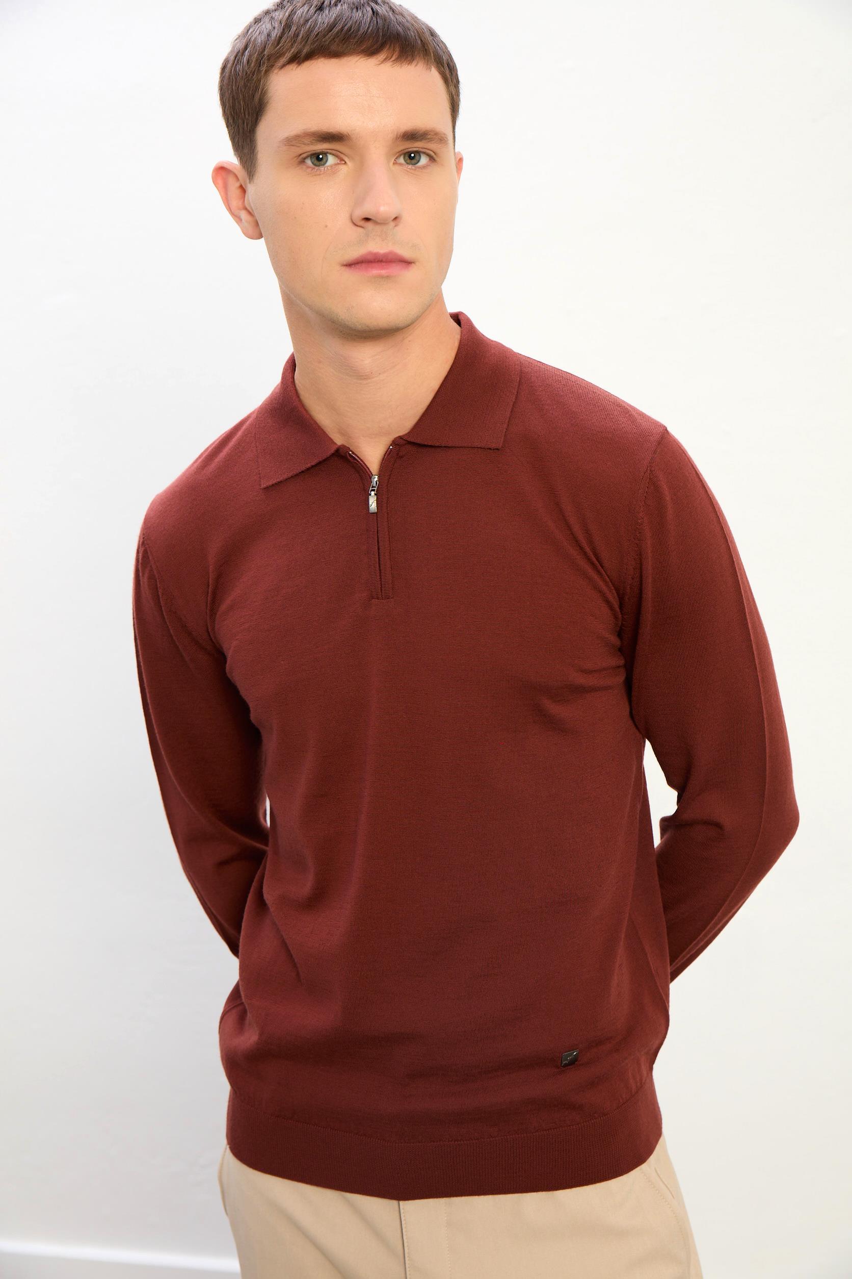 Logan Erkek Fermuarlı Polo Yaka Triko Kazak-Kiremit