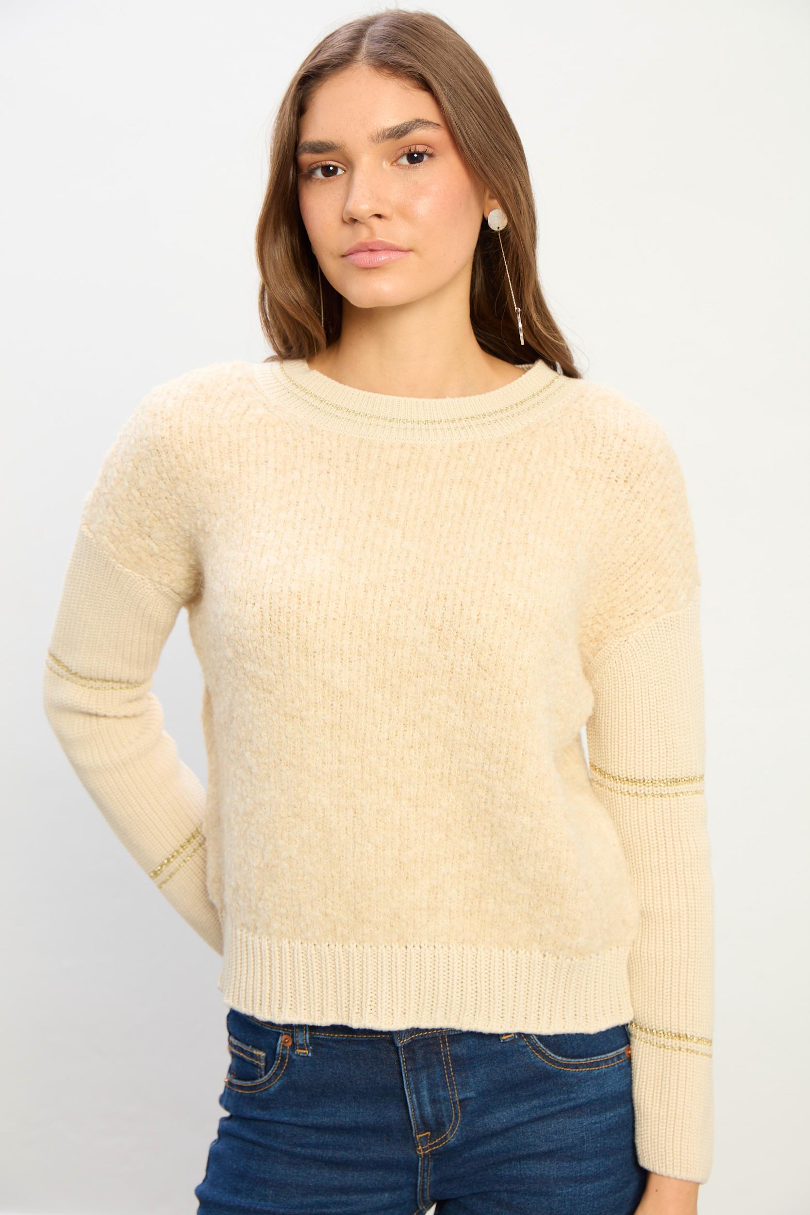 Maya Düz Kesim Triko Kazak-Bej