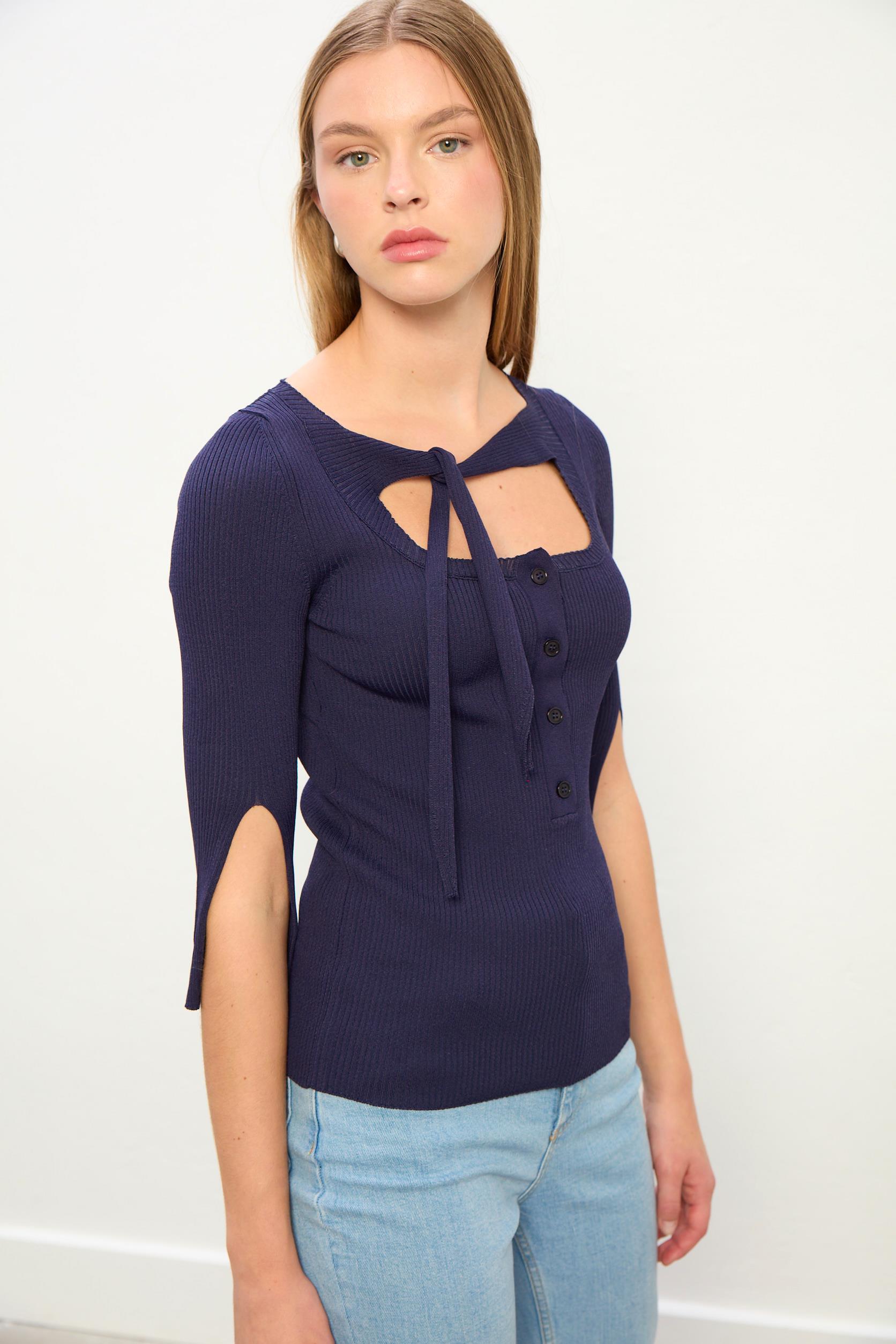 Mira Bağlama Detaylı Triko Bluz-Lacivert