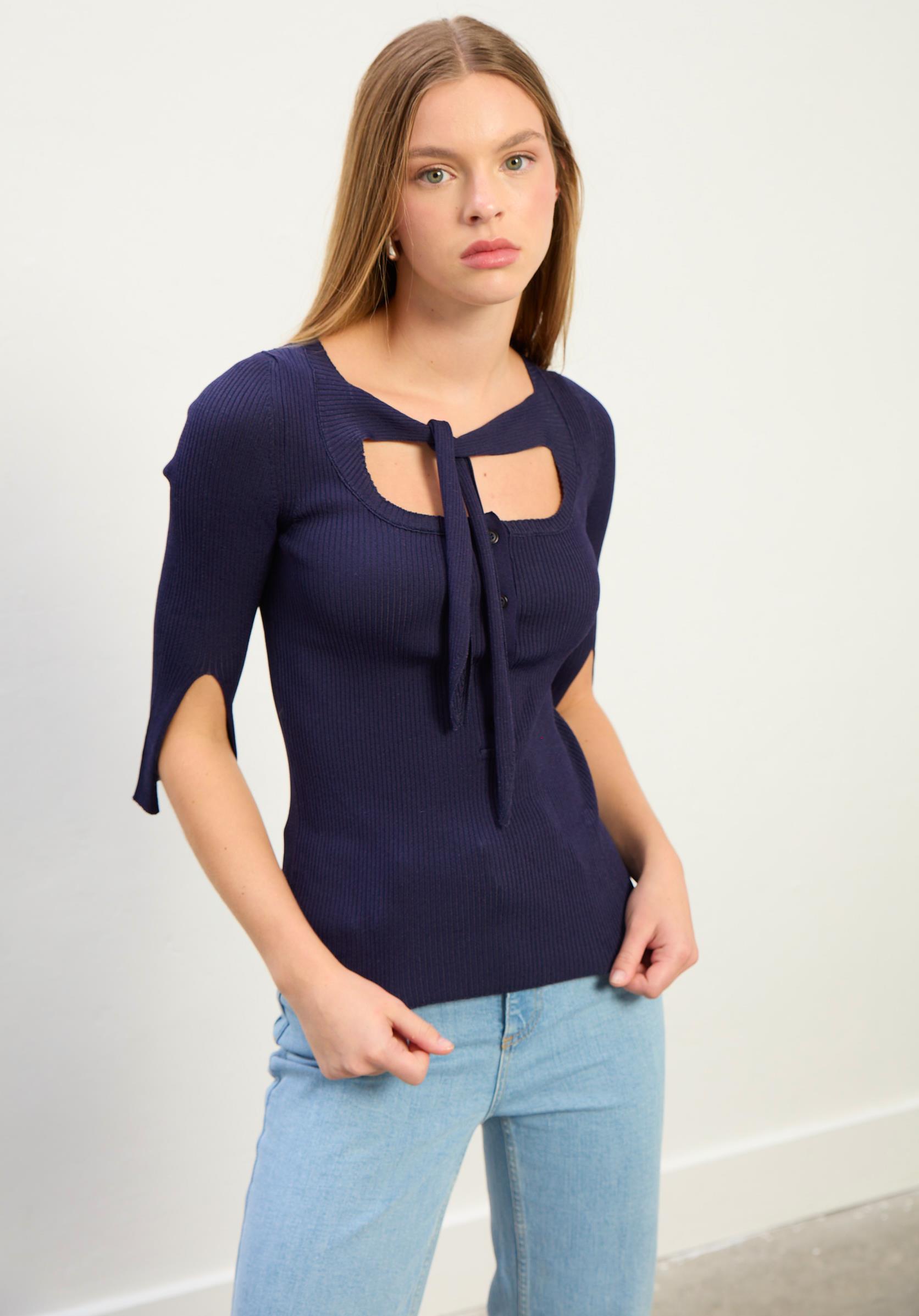 Mira Bağlama Detaylı Triko Bluz-Lacivert