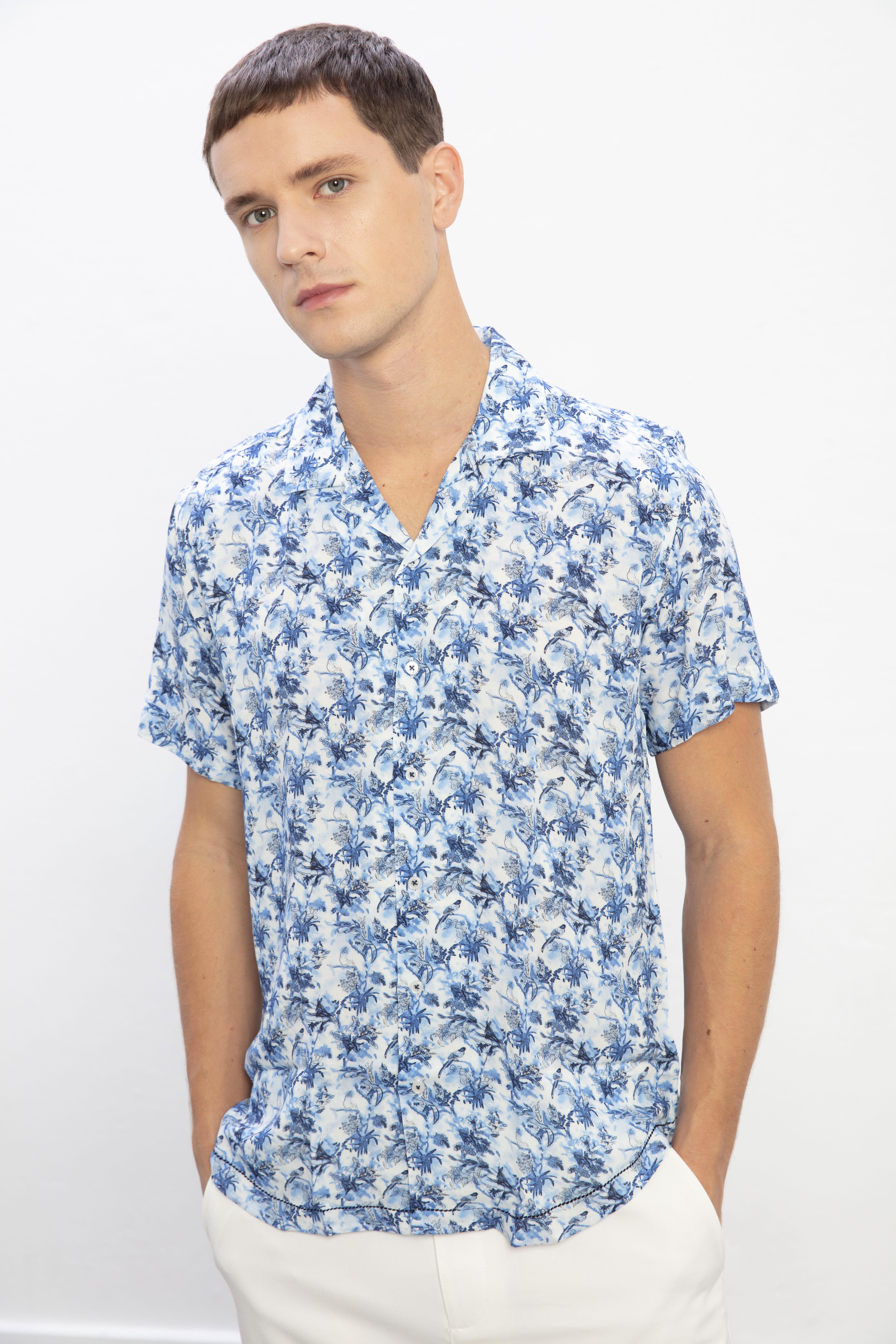 Nexus Çiçek Desenli Kısa Kollu Erkek Gömlek-MAVİ