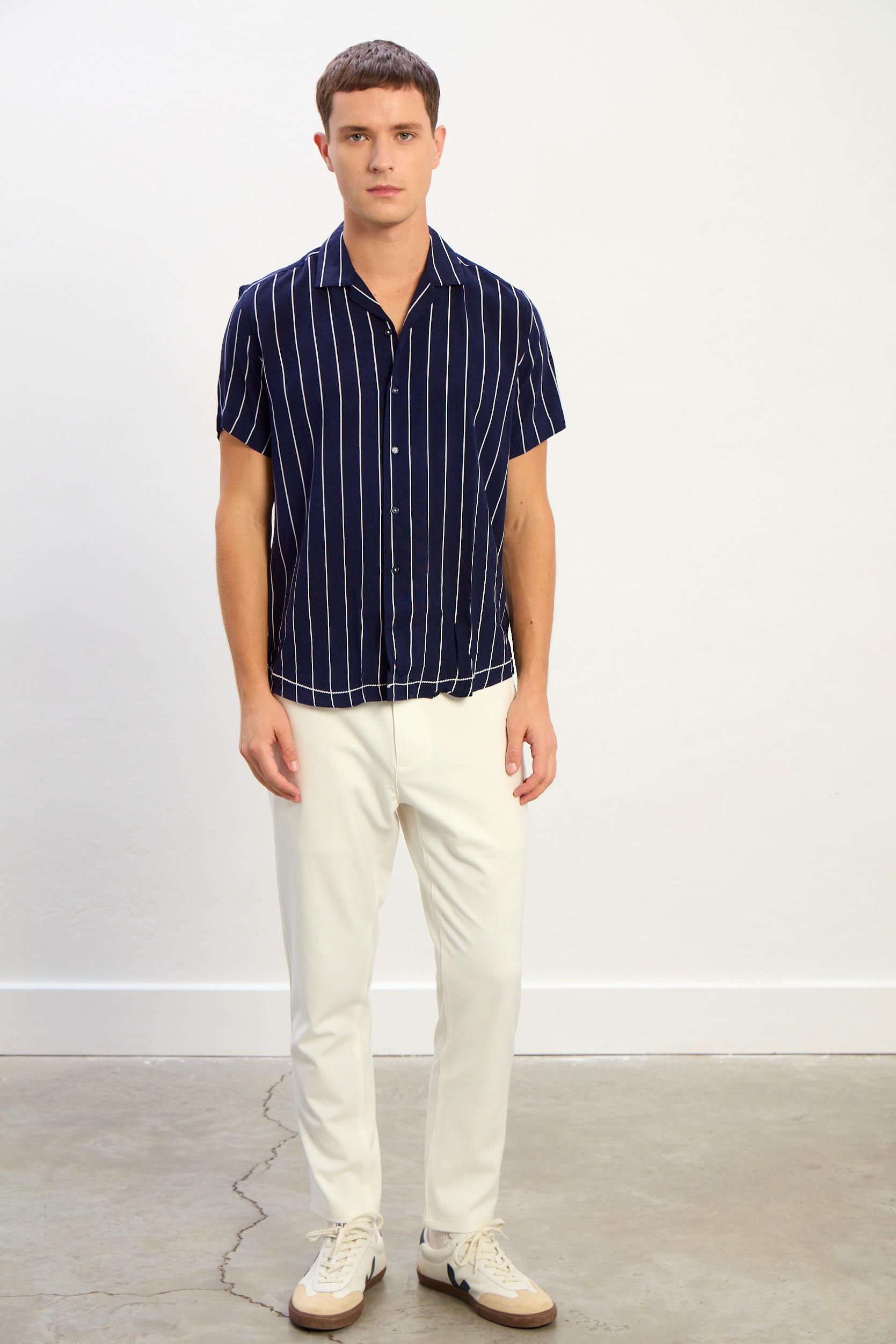Riley Çizgili Kısa Kollu Erkek Gömlek-Lacivert