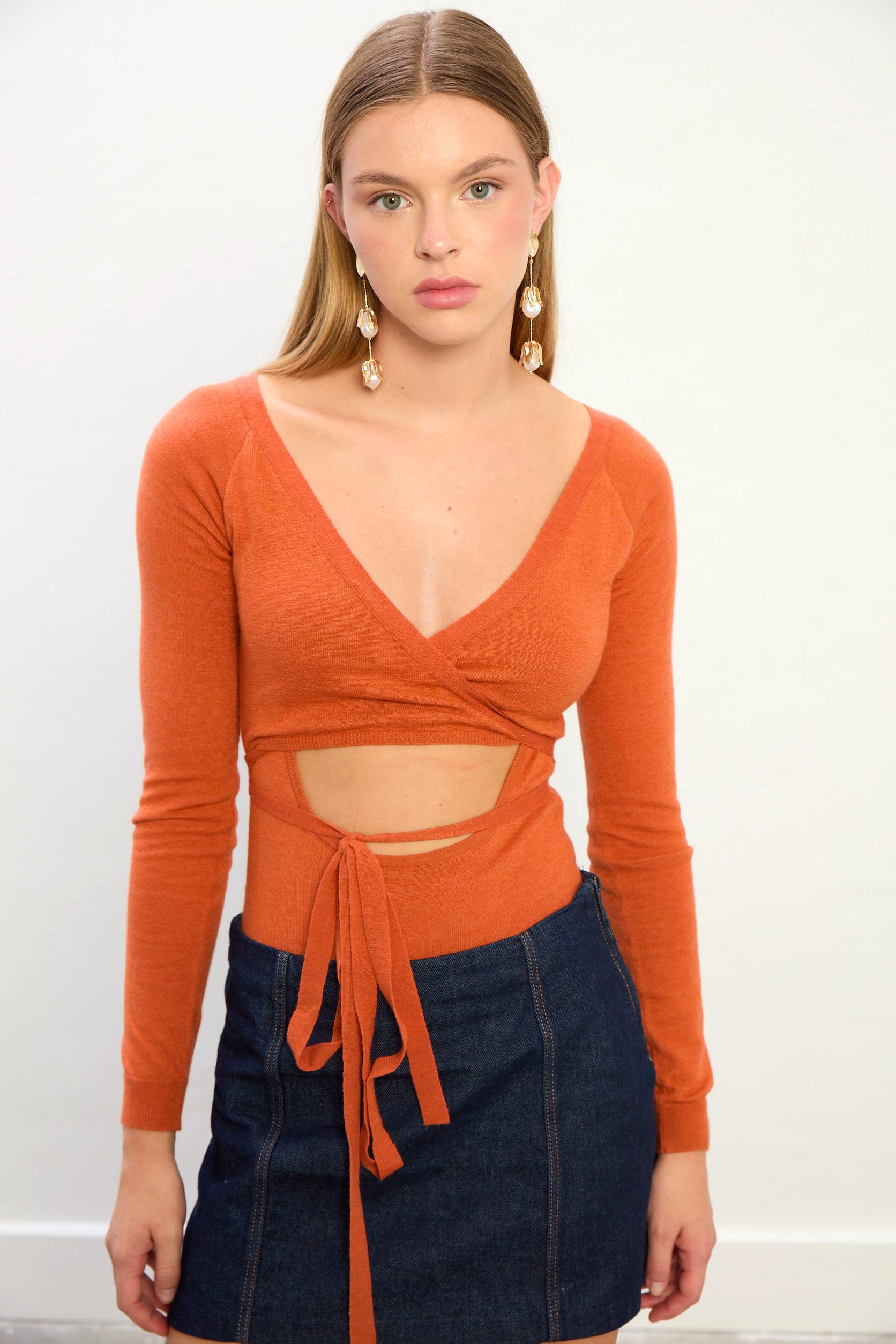 Sienna Kadın Bağlama Detaylı Uzun Kollu Bodysuit-Kırmızı