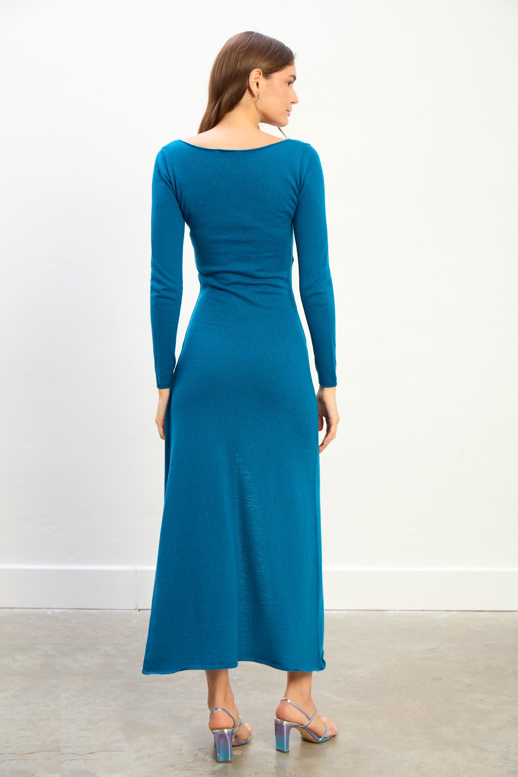 Venus Kadın Yırtmaç Detaylı Uzun Triko Elbise-Mavi