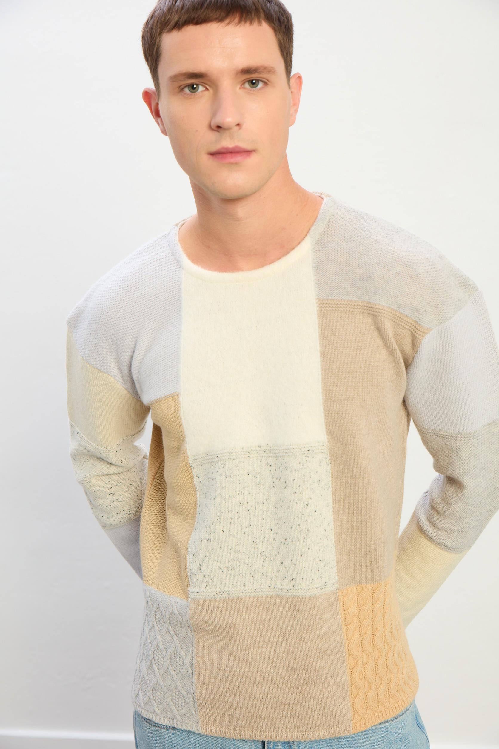 Zane Oversize Kayık Yaka Patchwork Uzun Kol Kazak-