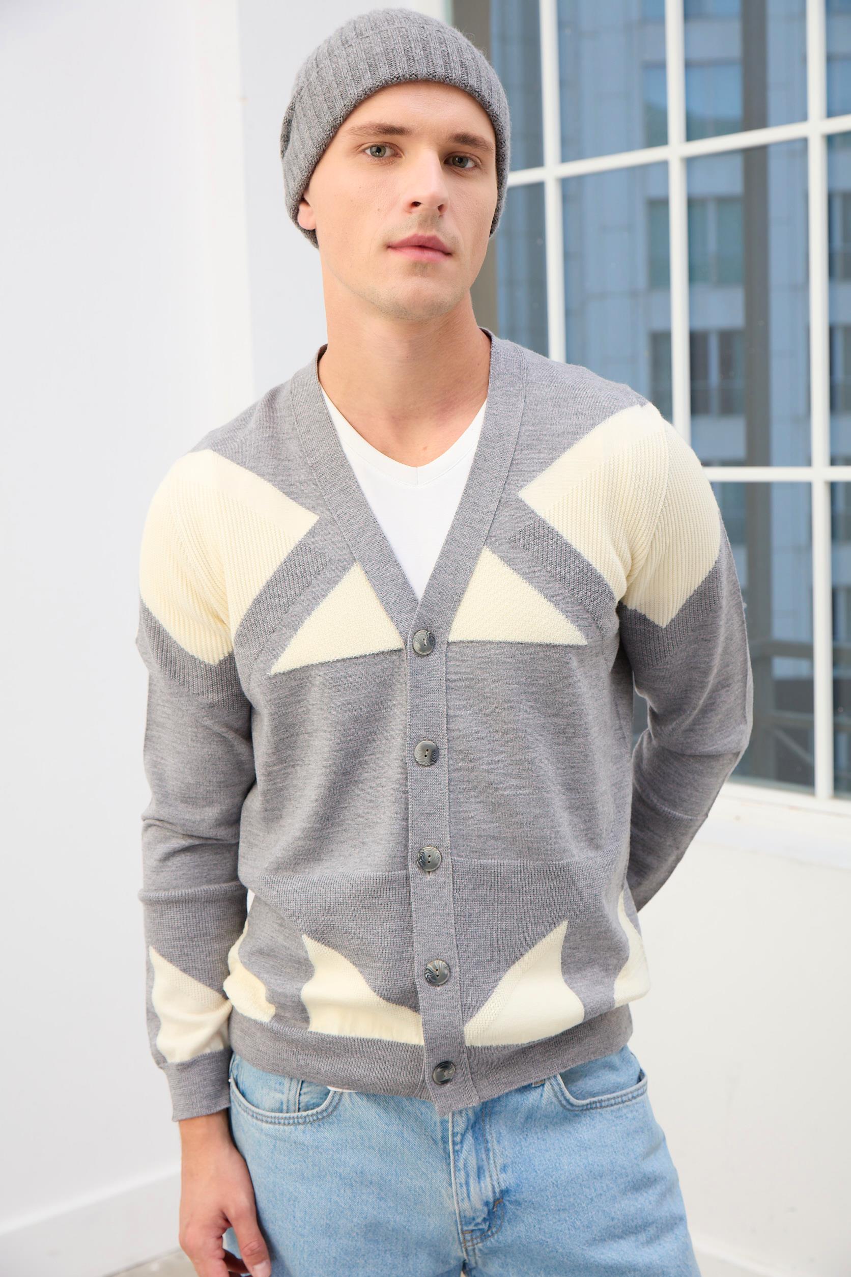 Zenith Desenli V Yaka Erkek Hırka-Gri