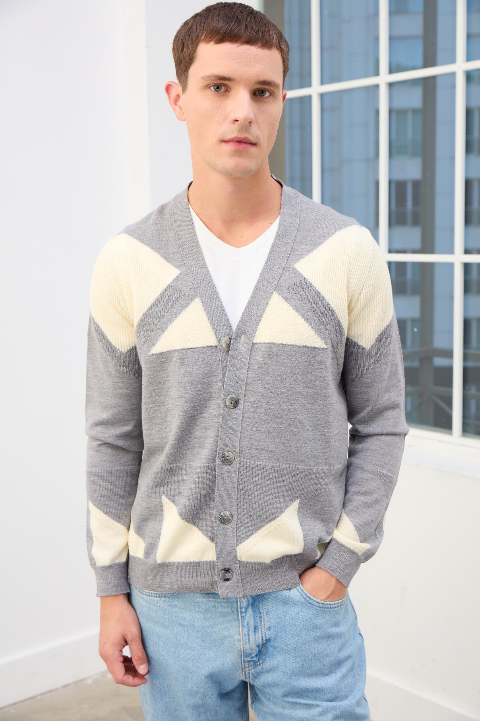 Zenith Desenli V Yaka Erkek Hırka-Gri