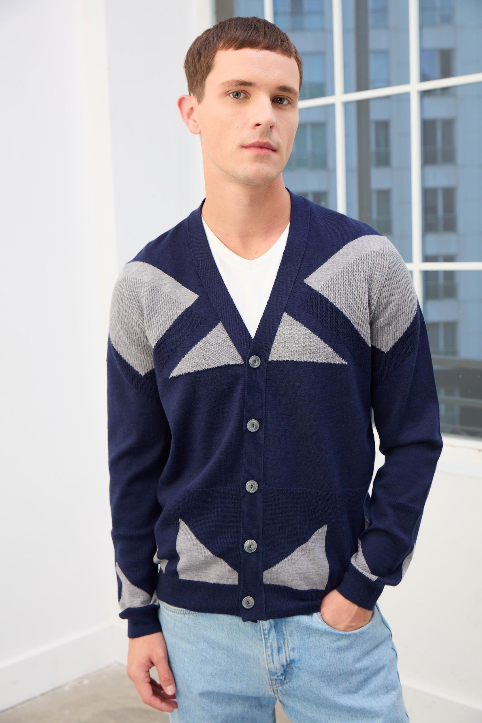 Zenith Desenli V Yaka Erkek Hırka-Lacivert