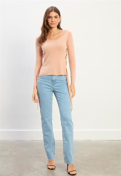 Elora Kadın Yan Bağlama Detaylı Triko Bluz-Pembe