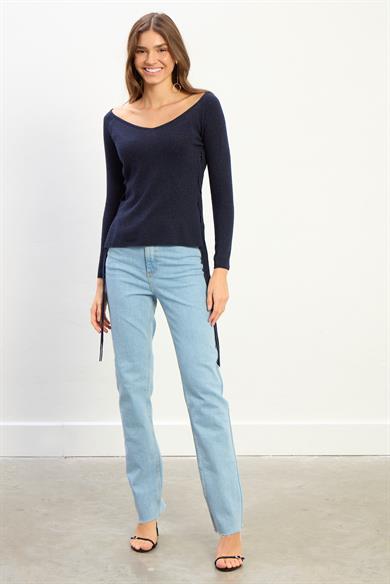 Elora Kadın Yan Bağlama Detaylı Triko Bluz-Lacivert
