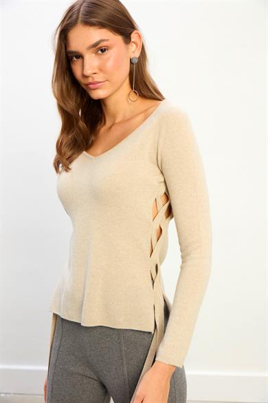 Elora Kadın Yan Bağlama Detaylı Triko Bluz-Bej