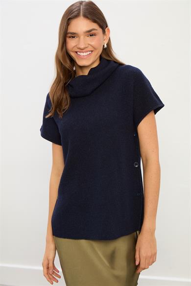 Grace Düğme Detaylı Kısa Kollu Triko Kazak-Lacivert