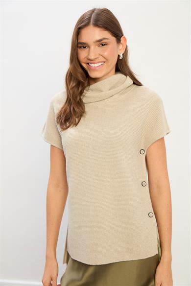 Grace Düğme Detaylı Kısa Kollu Triko Kazak-Bej