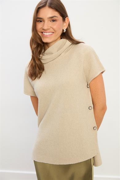 Grace Düğme Detaylı Kısa Kollu Triko Kazak-Bej
