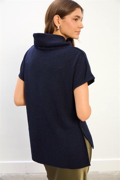 Grace Düğme Detaylı Kısa Kollu Triko Kazak-Lacivert