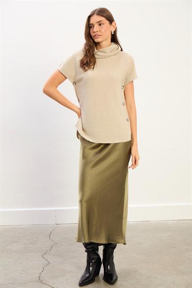 Grace Düğme Detaylı Kısa Kollu Triko Kazak-Bej