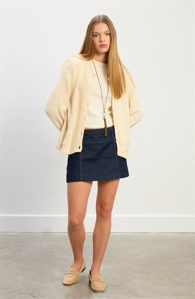 Hazel Bisiklet Yaka Düğmeli Cepli Hırka-Ekru