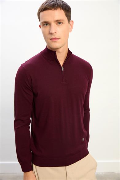 Jasper Erkek Fermuarlı Polo Yaka Triko Kazak-Bordo