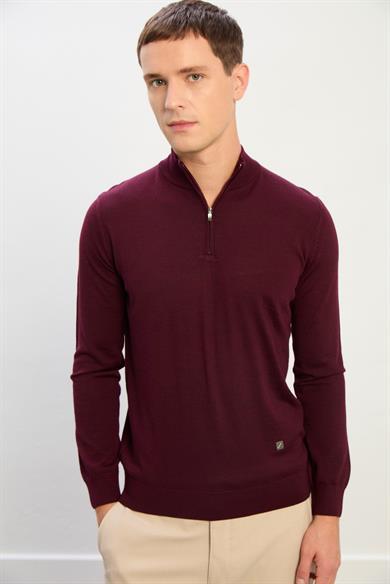 Jasper Erkek Fermuarlı Polo Yaka Triko Kazak-Bordo