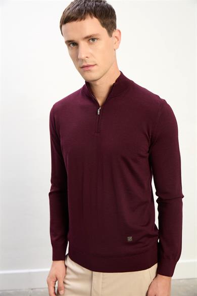 Jasper Erkek Fermuarlı Polo Yaka Triko Kazak-Bordo