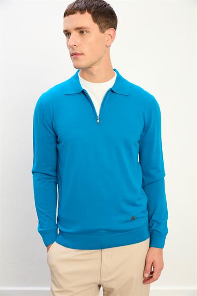 Jasper Erkek Fermuarlı Polo Yaka Triko Kazak-Mavi