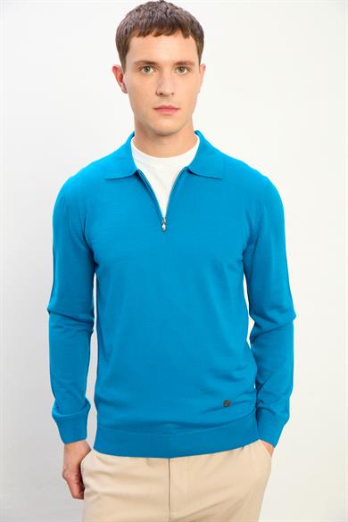 Jasper Erkek Fermuarlı Polo Yaka Triko Kazak-Mavi
