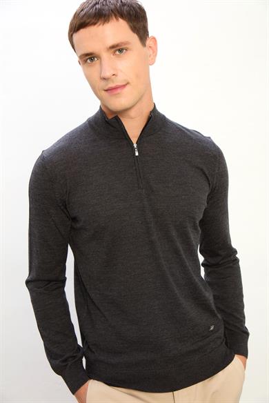 Jasper Erkek Fermuarlı Polo Yaka Triko Kazak-Siyah