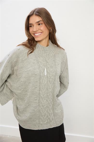 Lily Saç Örgü Balıkçı Yaka Kazak-GRİ