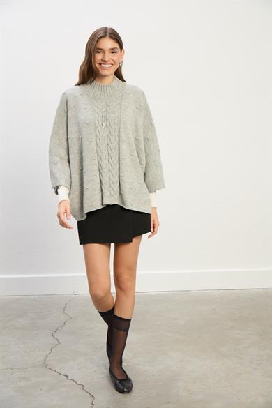 Lily Saç Örgü Balıkçı Yaka Kazak-GRİ