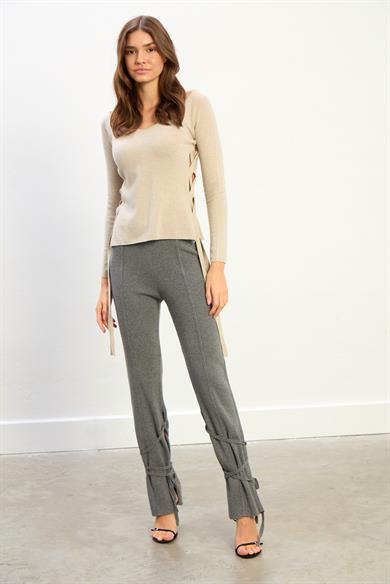 Lisa Bağcıklı Triko Pantalon-Gri