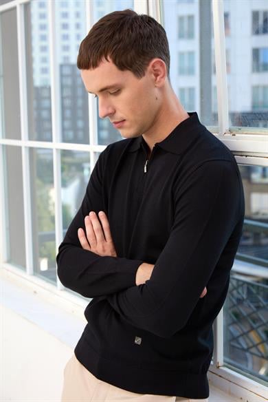 Logan Erkek Fermuarlı Polo Yaka Triko Kazak-Siyah