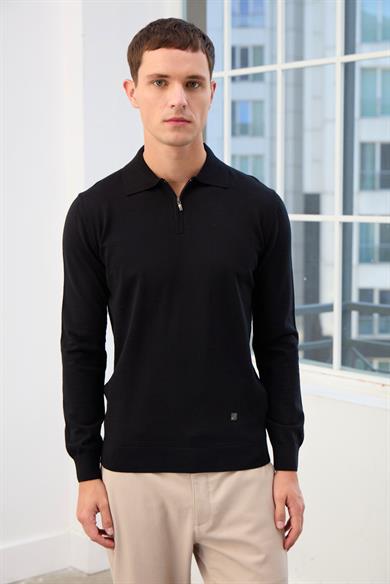Logan Erkek Fermuarlı Polo Yaka Triko Kazak-Siyah