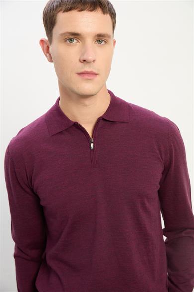 Logan Erkek Fermuarlı Polo Yaka Triko Kazak-Bordo