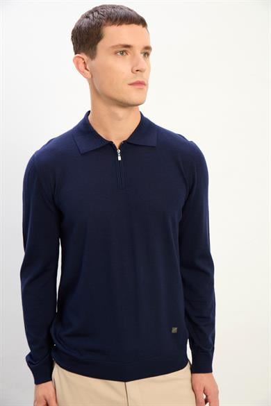 Logan Erkek Fermuarlı Polo Yaka Triko Kazak-Lacivert