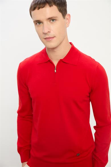Logan Erkek Fermuarlı Polo Yaka Triko Kazak-Kırmızı