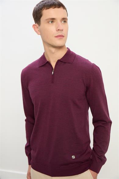 Logan Erkek Fermuarlı Polo Yaka Triko Kazak-Bordo