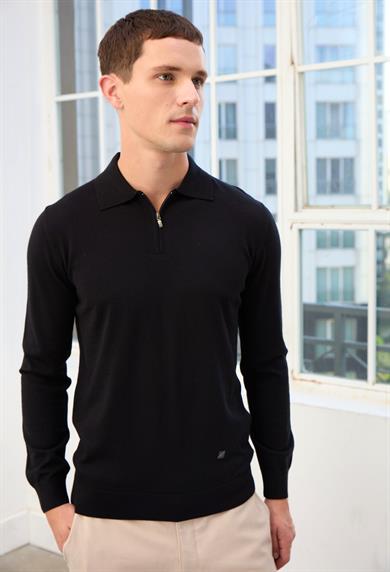 Logan Erkek Fermuarlı Polo Yaka Triko Kazak-Siyah