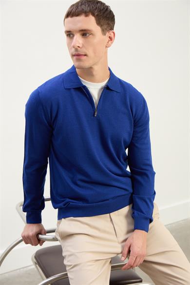 Logan Erkek Fermuarlı Polo Yaka Triko Kazak-Mavi