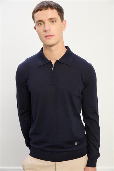 Logan Erkek Fermuarlı Polo Yaka Triko Kazak-Indigo