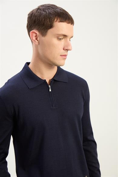 Logan Erkek Fermuarlı Polo Yaka Triko Kazak-Indigo