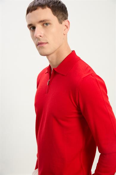Logan Erkek Fermuarlı Polo Yaka Triko Kazak-Kırmızı