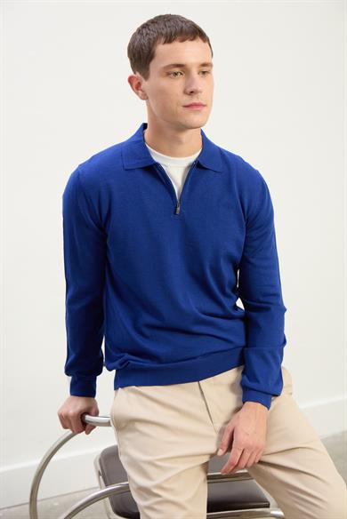 Logan Erkek Fermuarlı Polo Yaka Triko Kazak-Mavi