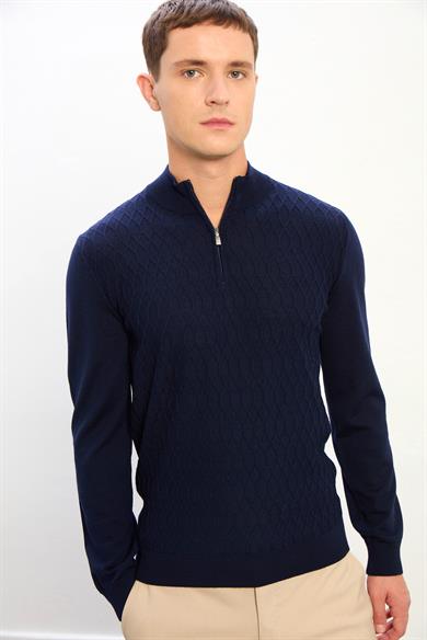 Ryan Fermuarlı Desenli Triko Kazak-Lacivert