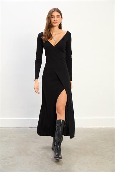 Venus Kadın Yırtmaç Detaylı Uzun Triko Elbise-Siyah