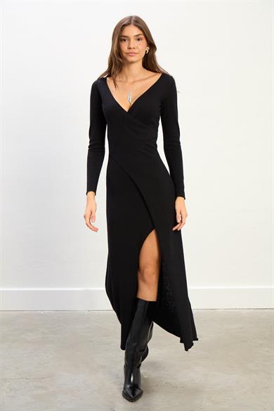 Venus Kadın Yırtmaç Detaylı Uzun Triko Elbise-Siyah