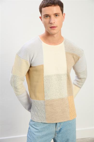 Zane Oversize Kayık Yaka Patchwork Uzun Kol Kazak-